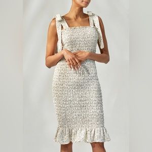 Smocked Tie-Shoulder Midi Dress in Ivory